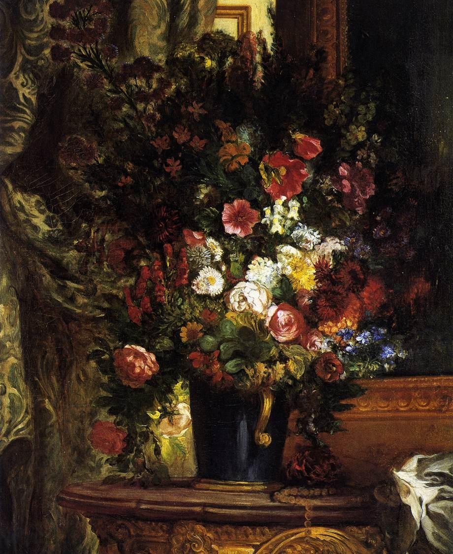Een vaas met bloemen op een console door Ferdinand Victor Eugene Delacroix