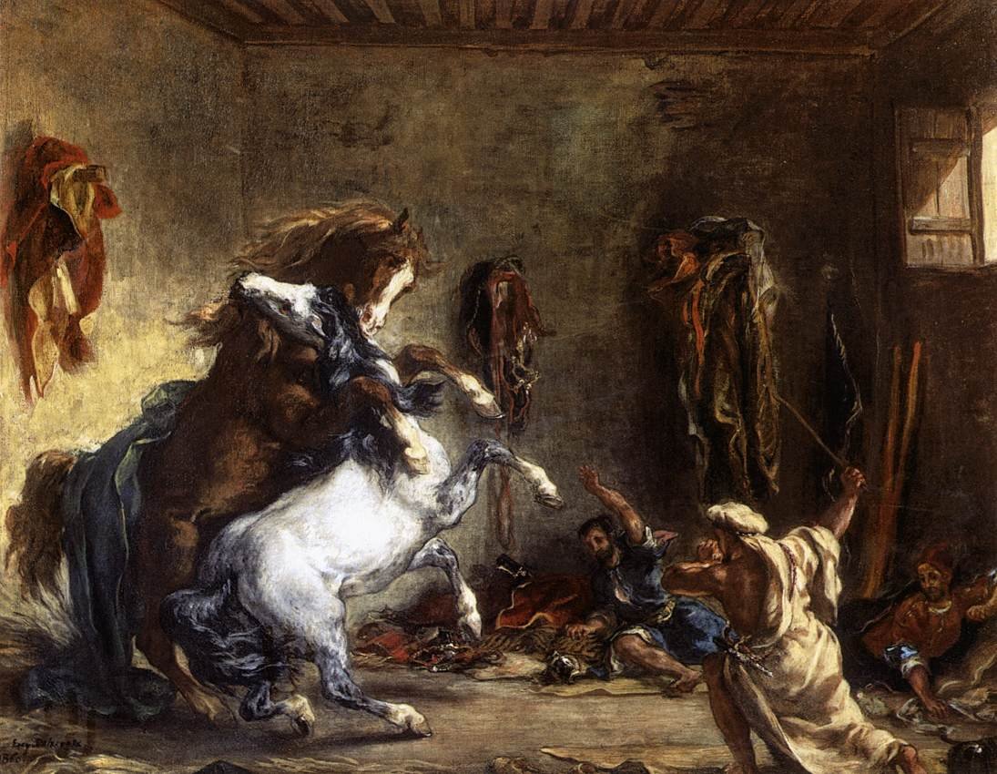 Arabische paarden vechten in een stal door Ferdinand Victor Eugene Delacroix