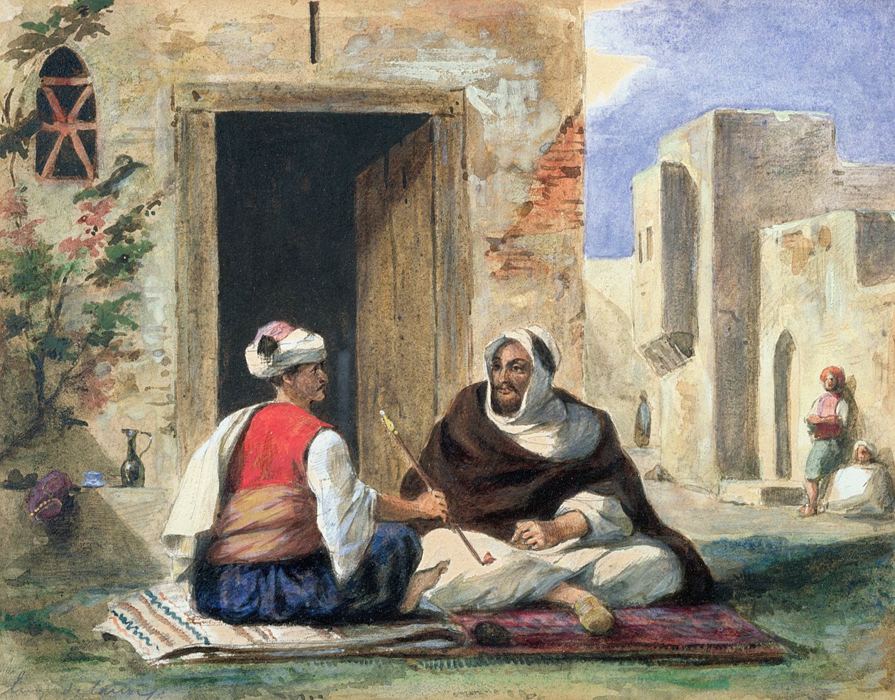 Arabische mannen die voor een huis roken door Ferdinand Victor Eugene Delacroix