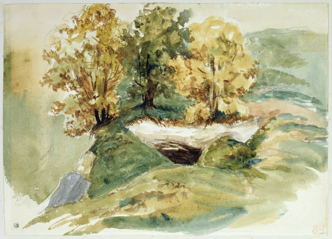 Drie bomen aan de rand van een heuvel door Ferdinand Victor Eugene Delacroix