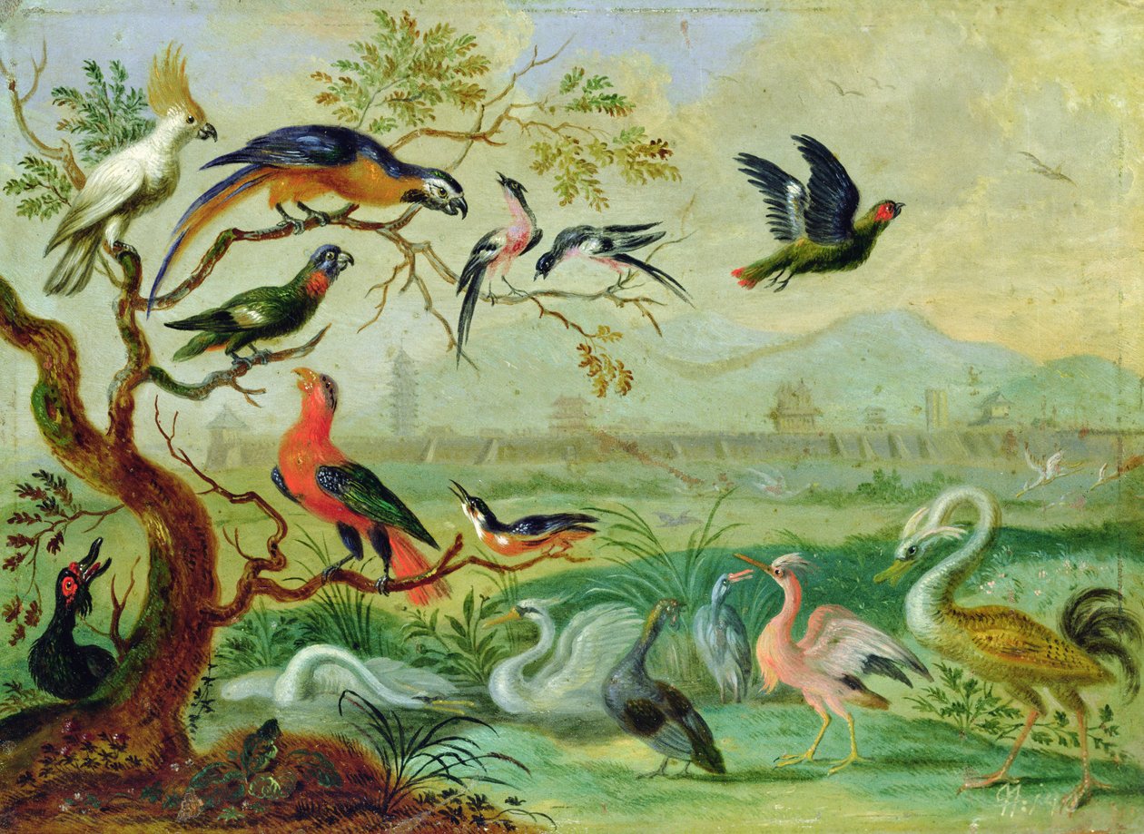 Vogels van de vier continenten in een landschap met uitzicht op Peking op de achtergrond door Ferdinand van Kessel