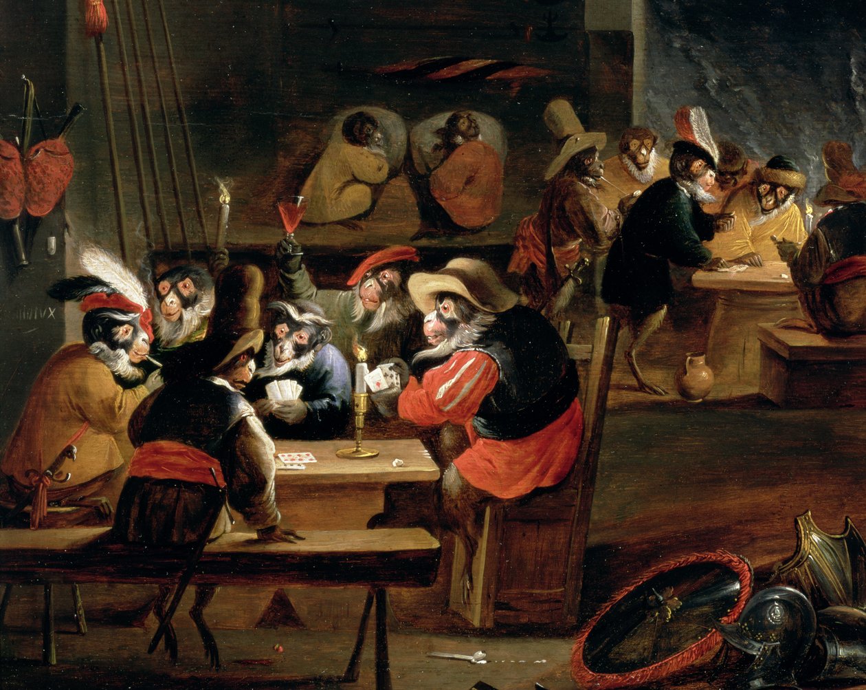 Apen in een taverne, detail van het kaartspel (detail) door Ferdinand van Kessel