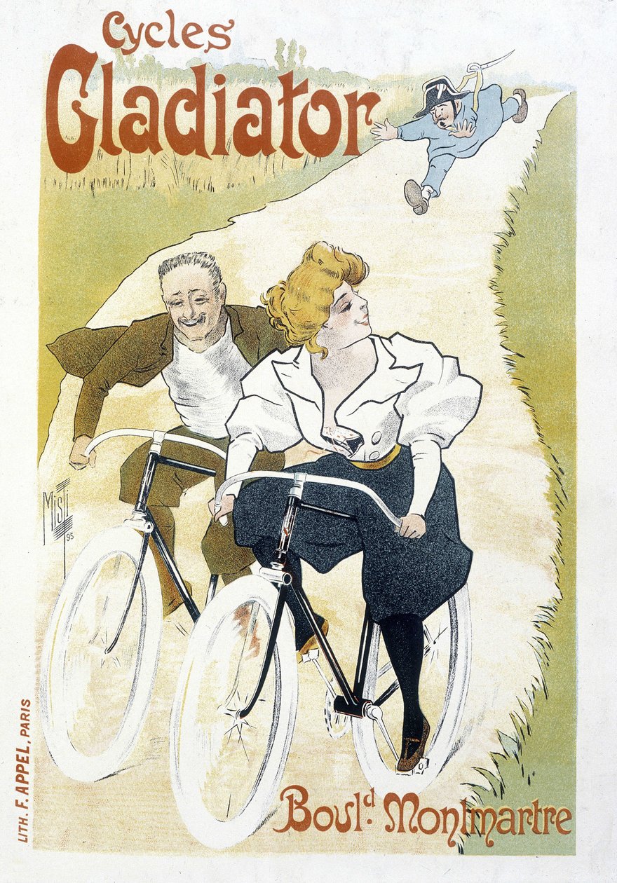 Fietsend koppel achtervolgd door een agent - Reclame voor Gladiator Fietsen, door Misti, ca. 1895 door Ferdinand  Misti Mifliez