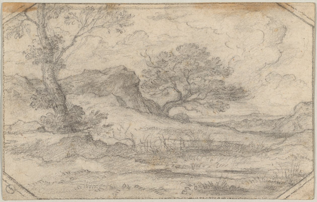 Ideaal landschap met twee bomen en rotsformatie door Ferdinand (Johann Heinrich Ferdinand) von Olivier