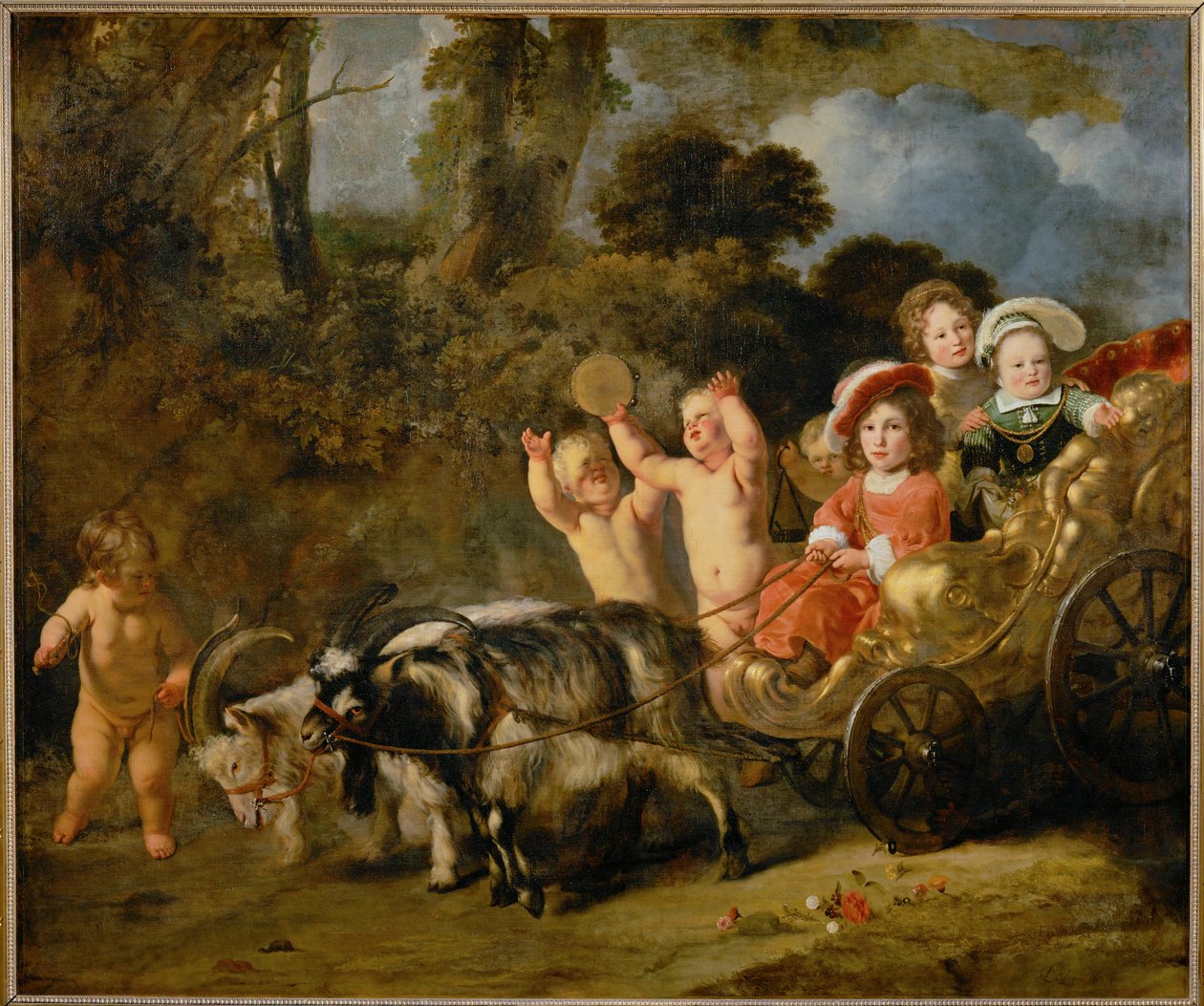 Aristocratische kinderen in een koets getrokken door geiten (schilderij op doek) door Ferdinand Bol