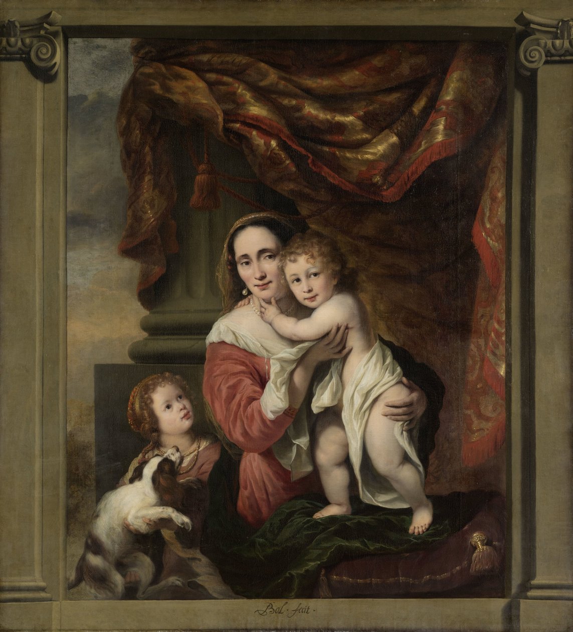 Caritas: Joanna de Geer (1629-1691) met haar kinderen Cecilia Trip (1660-1728) en Laurens Trip (geb. 1662) door Ferdinand Bol