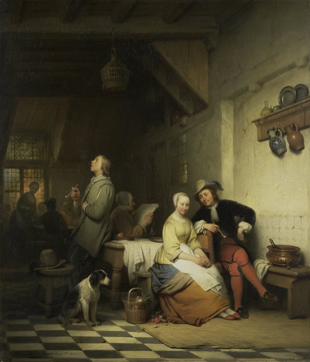 Interieur van een herberg, met figuren in zeventiende-eeuwse kleding door Ferdinand De Braekeleer (I)