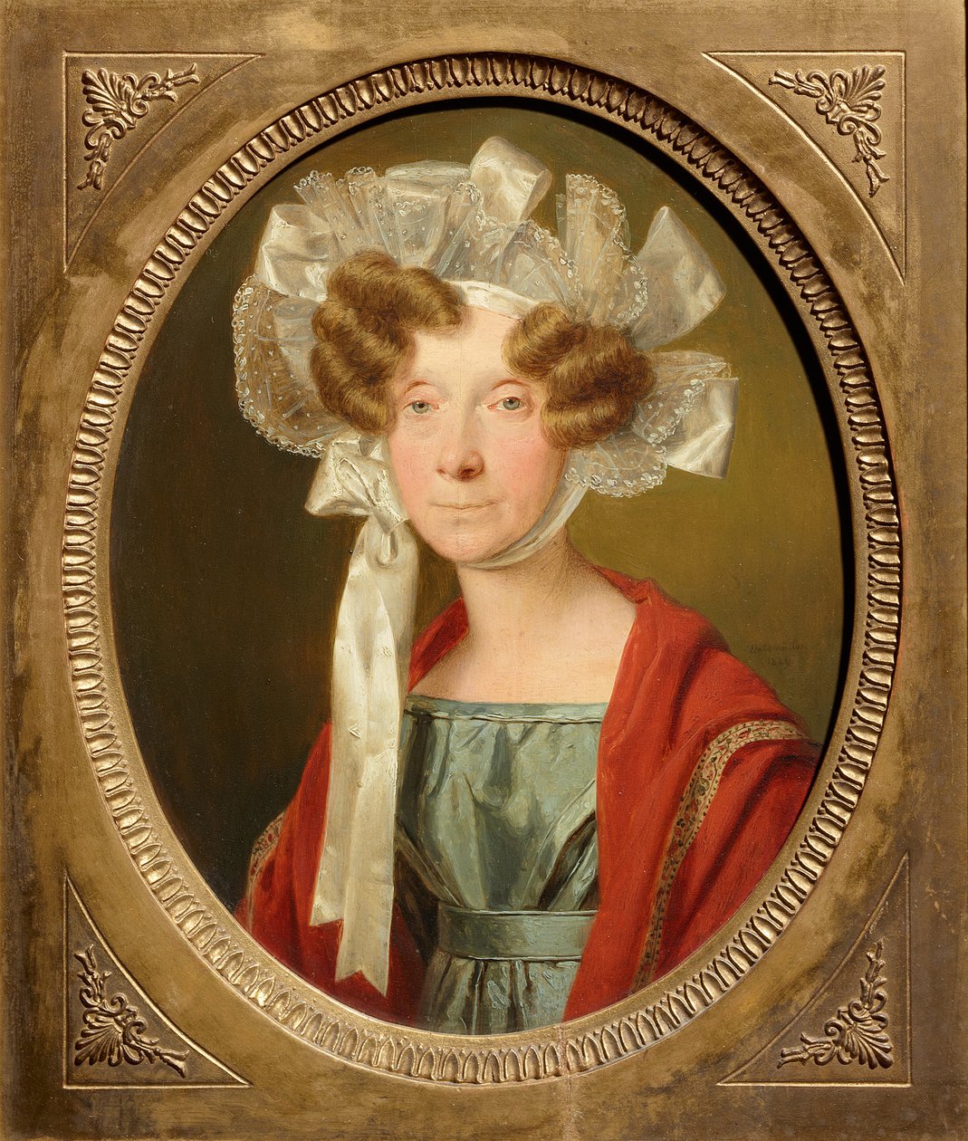 Portret van een dame met kanten muts door Ferdinand Georg Waldmüller