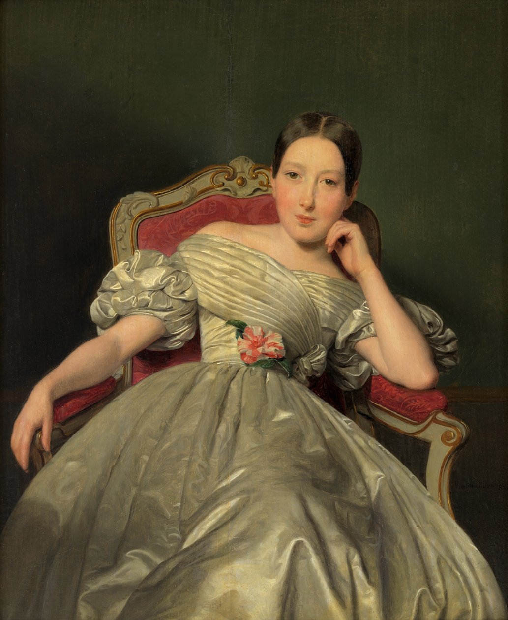 Zittend meisje in een witte atlasjurk door Ferdinand Georg Waldmüller
