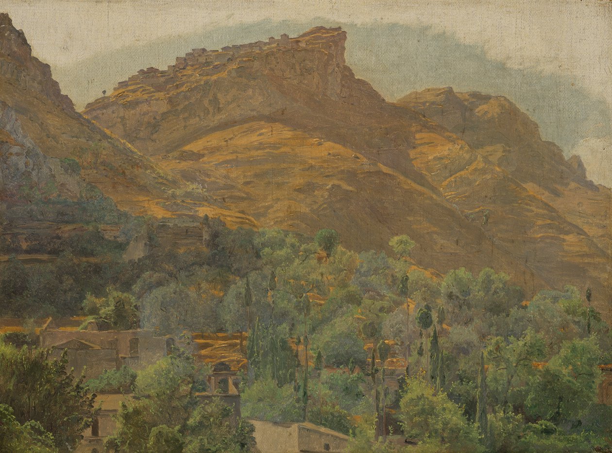 Uitzicht op de bergstad Mola bij Taormina door Ferdinand Georg Waldmuller