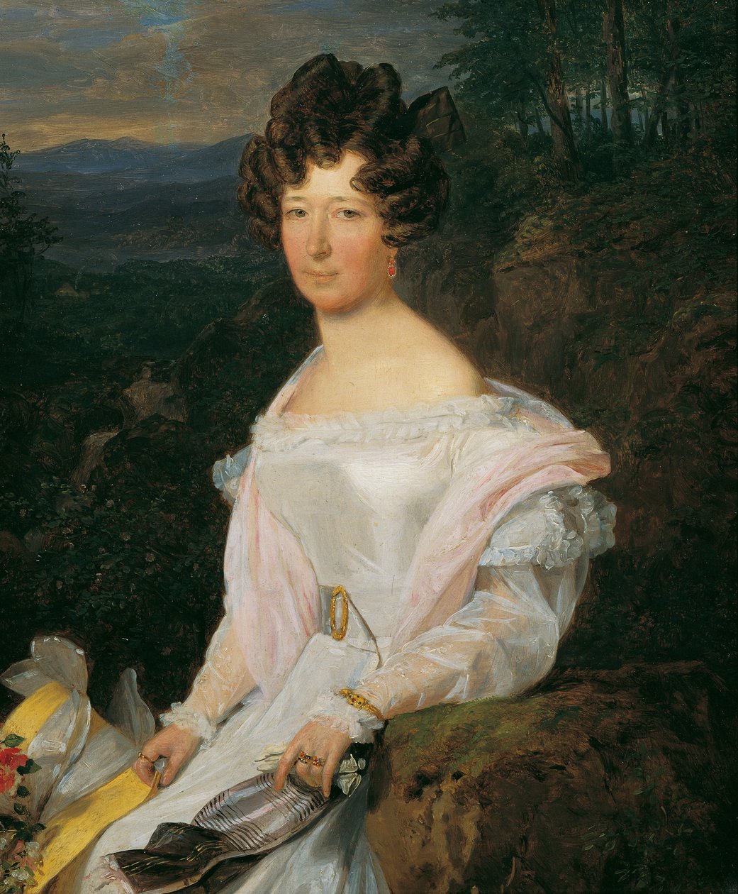 Dame in witte jurk voor een Wienerwaldlandschap door Ferdinand Georg Waldmuller