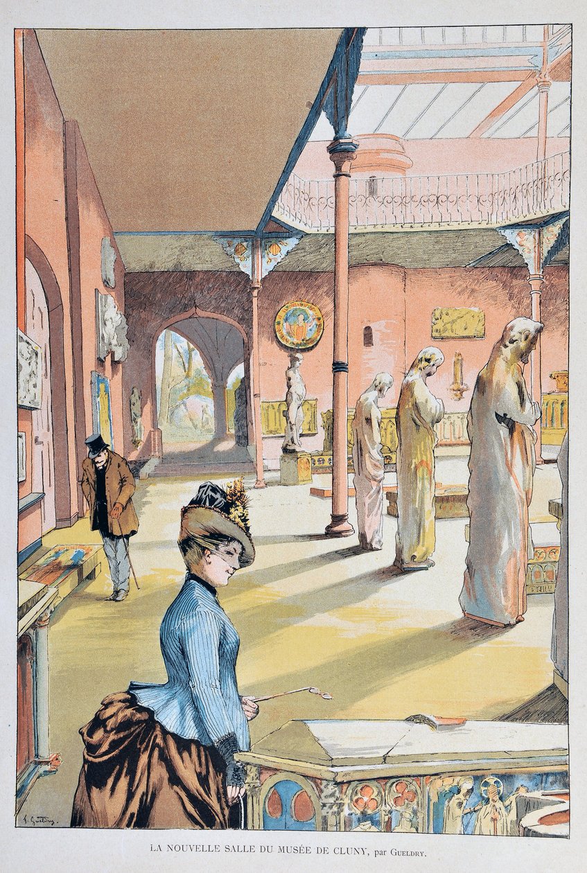 De nieuwe zaal van het museum van de middeleeuwen van Cluny in Parijs 1887, door Ferdinand Joseph GUELDRY (1858-1945). Gravure uit 1887 in 