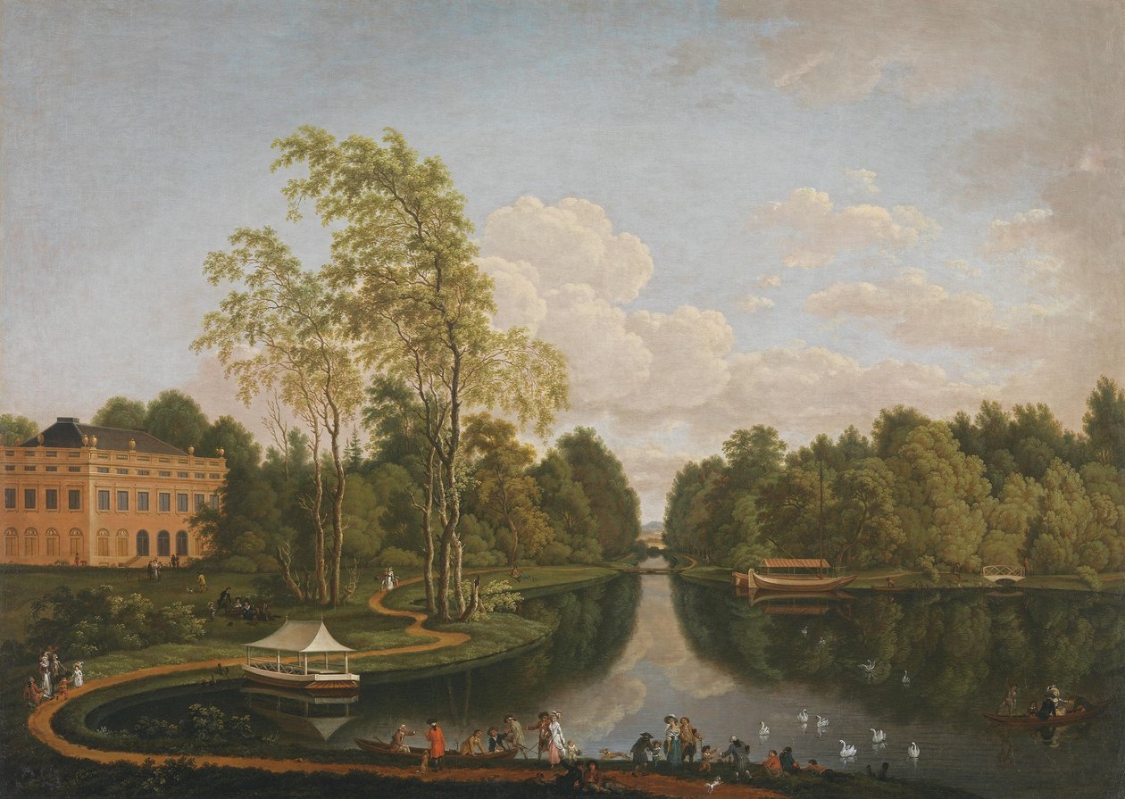 Uitzicht naar het zuiden over het Bovenste Schönbuschmeer op Slot Schönbusch en het kanaal (Aschaffenburg-cyclus) door Ferdinand Kobell