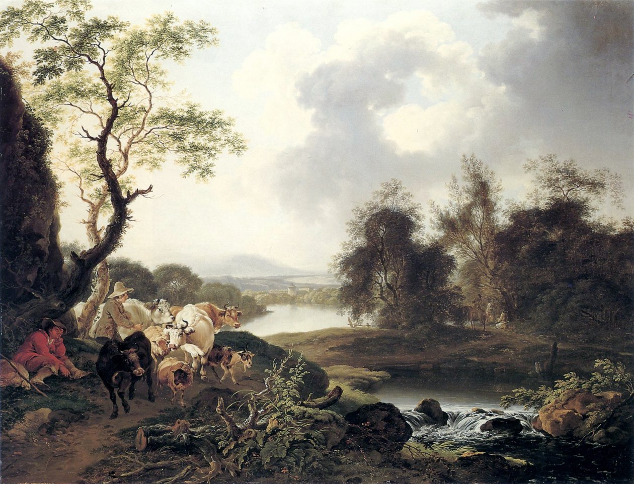 Duits: rivierlandschap met waterval, rustende wandelaar, herder met koeien en geit en drie reizigers door Ferdinand Kobell