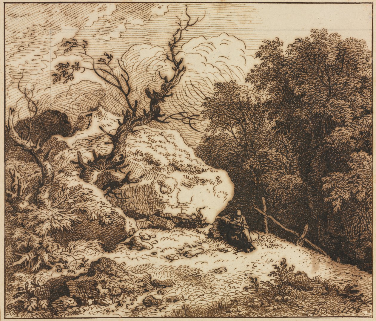 Kluizenaar in een bebost landschap door Ferdinand Kobell