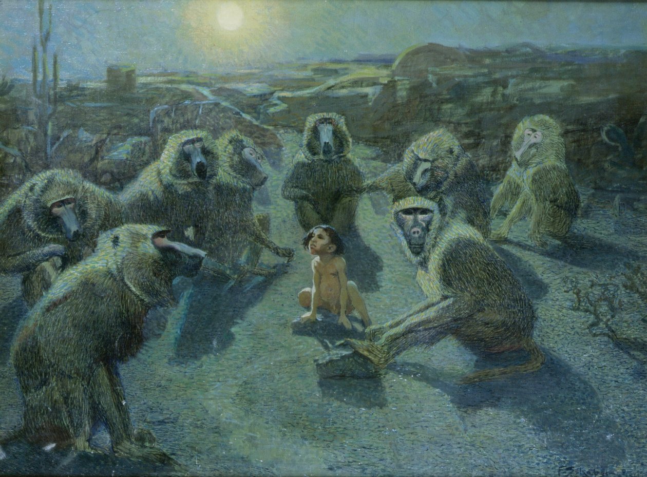 Mowgli gevangen door apen door Ferdinand Schebek