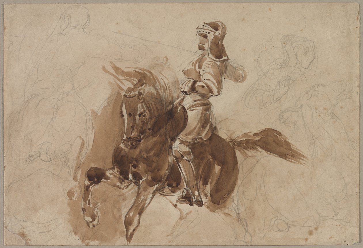 Gepantserde figuur te paard recto, Paard voor een schuur verso, ca. 1828 door Ferdinand Victor Eugene Delacroix
