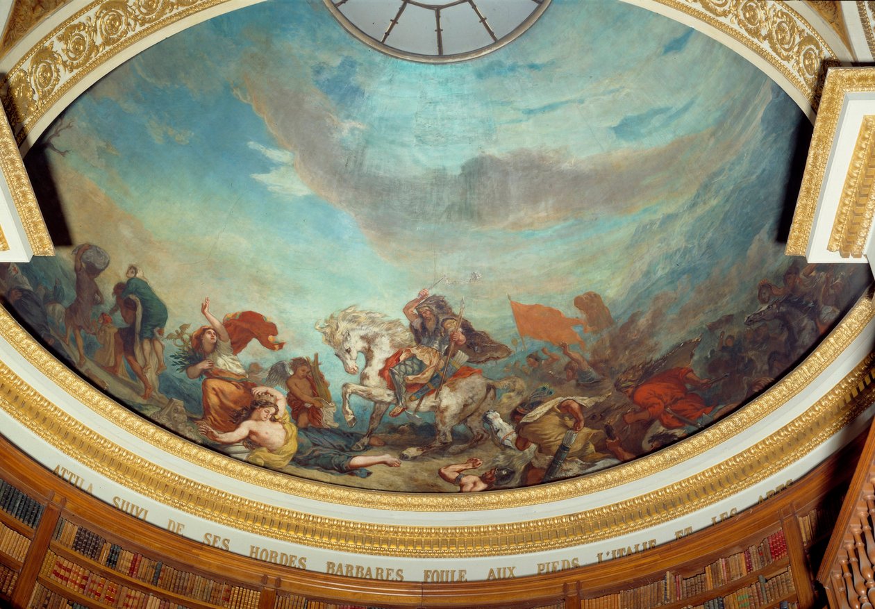 Attila (395-453) hoofd van de Hunnenstam, gevolgd door zijn barbaarse hordes die Italië binnenvielen in 452 door Ferdinand Victor Eugene Delacroix