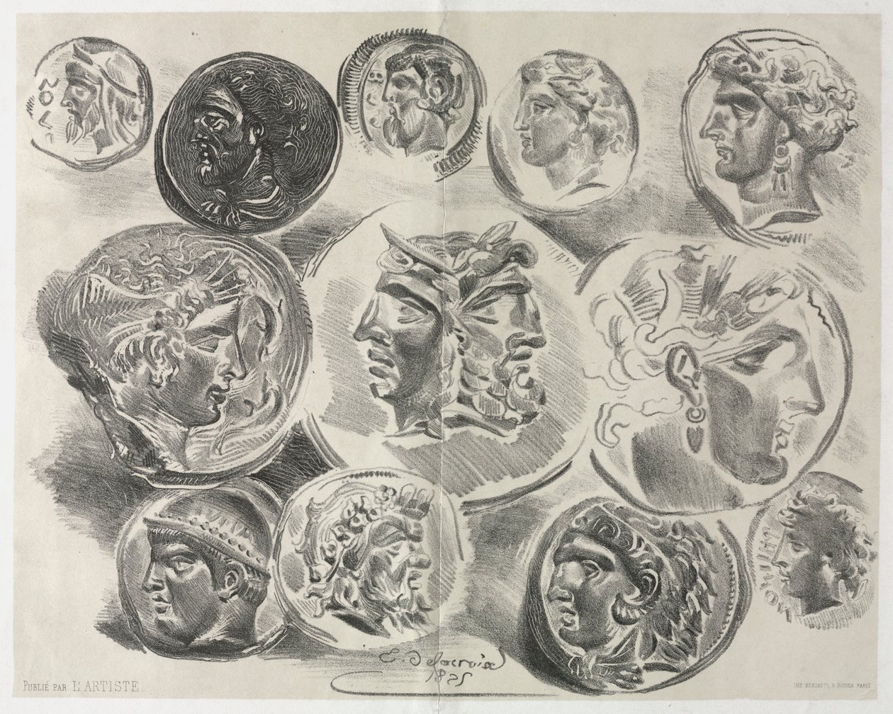 Blad met twaalf antieke medailles door Ferdinand Victor Eugene Delacroix