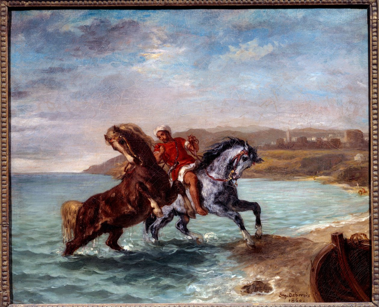 Paarden die uit de zee komen. Schilderij door Eugene Delacroix (1798-1863) door Ferdinand Victor Eugene Delacroix