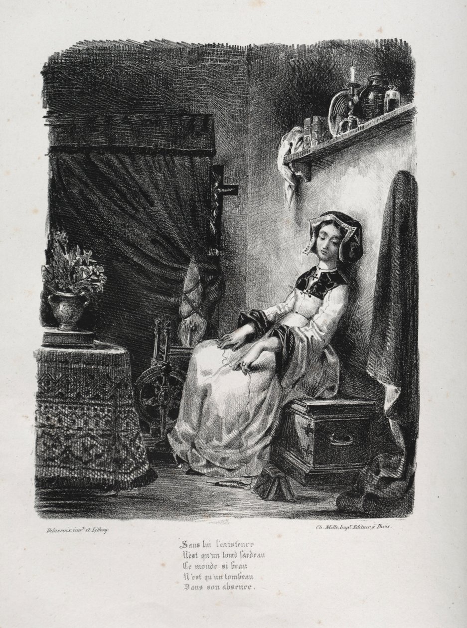 Illustraties voor Faust: Marguerite met het wiel, 1828 door Ferdinand Victor Eugene Delacroix
