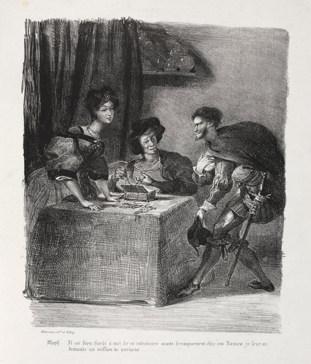 Illustraties voor Faust: Méphistophélés is bij Marthe, 1828 door Ferdinand Victor Eugene Delacroix