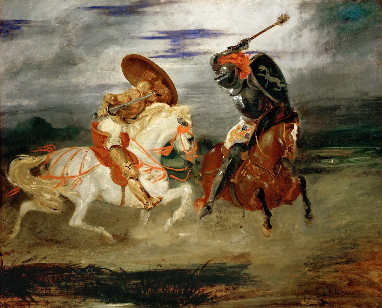 Ridders vechten op het platteland door Ferdinand Victor Eugene Delacroix