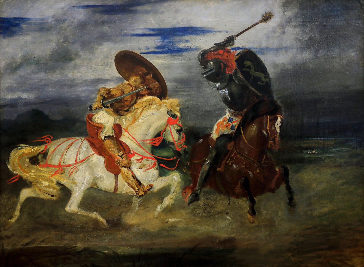 Ridders vechten op het platteland door Ferdinand Victor Eugene Delacroix