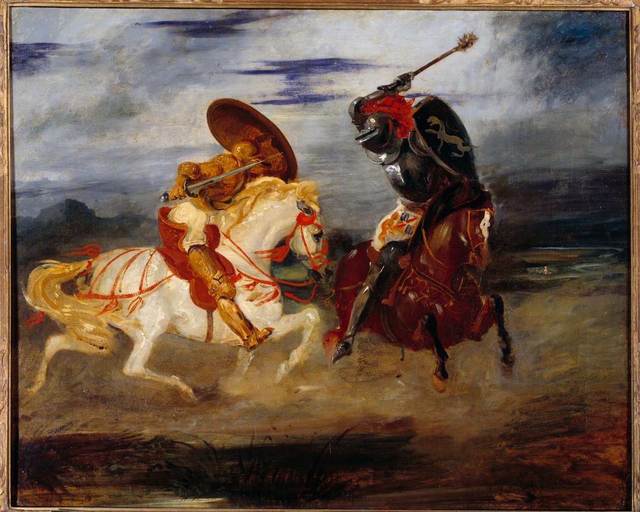 Ridders vechten op het platteland door Ferdinand Victor Eugene Delacroix