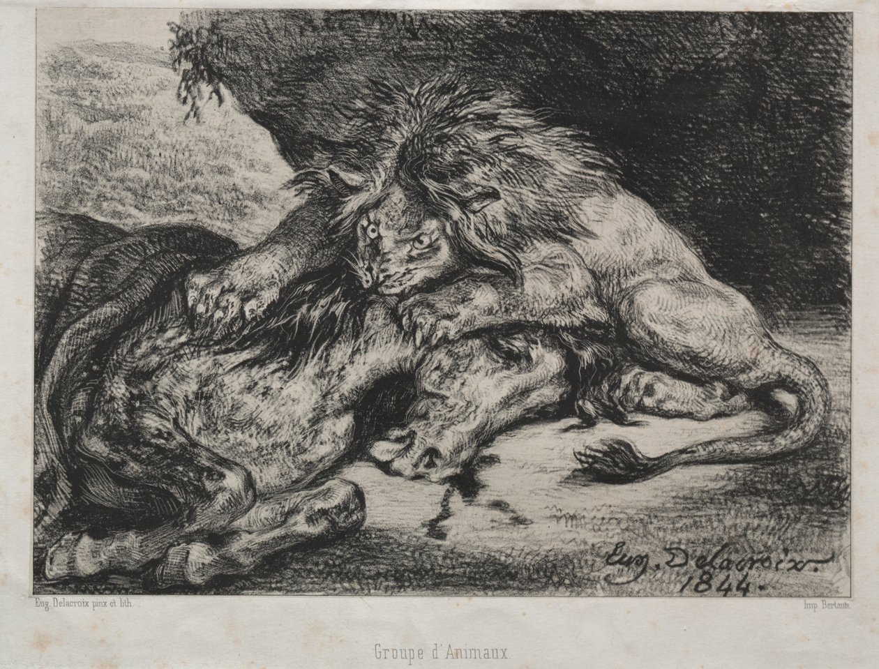 Leeuw die een paard verslindt door Ferdinand Victor Eugene Delacroix