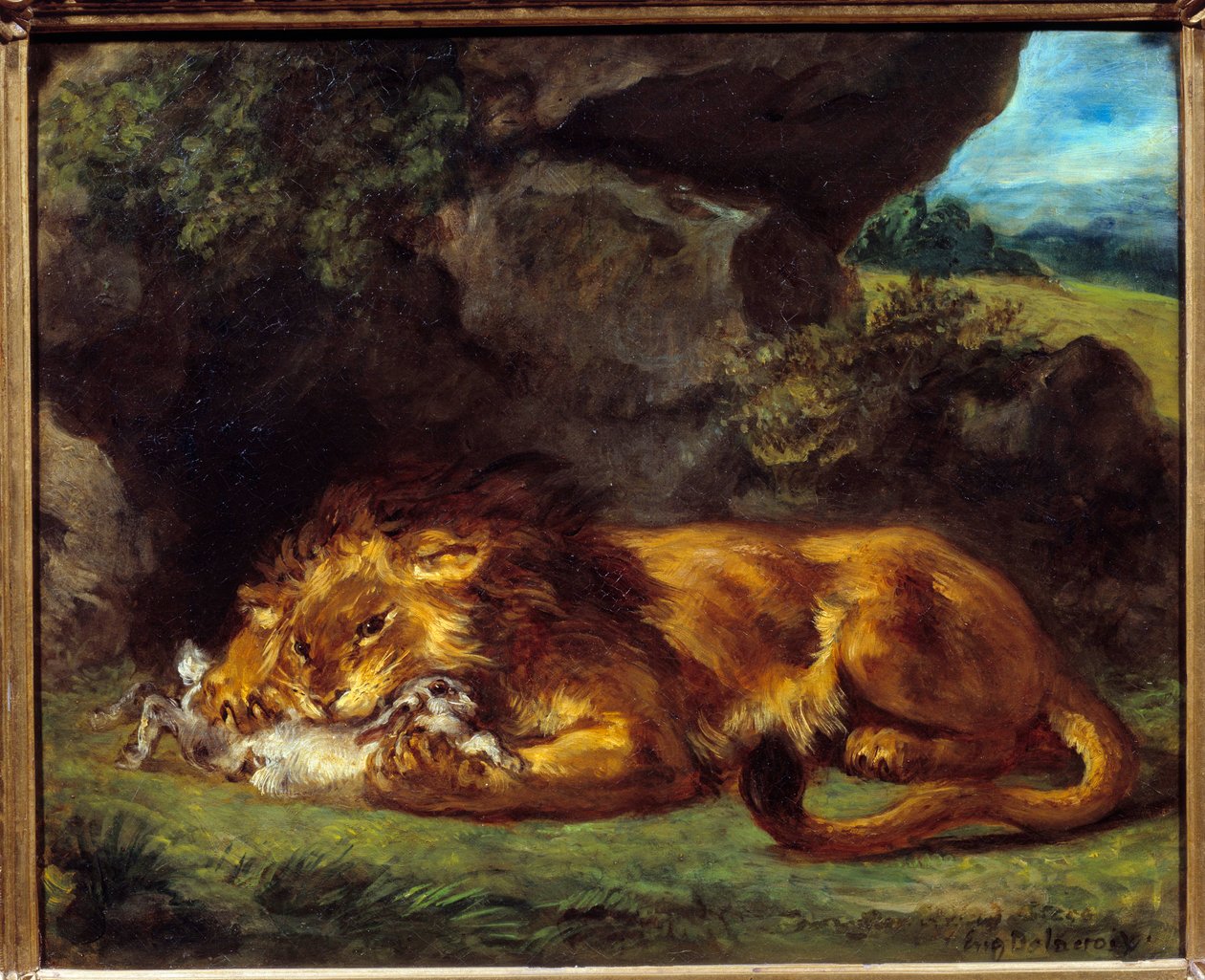 Leeuw die een konijn verslaat. Schilderij door Eugene Delacroix (1798-1863) door Ferdinand Victor Eugene Delacroix
