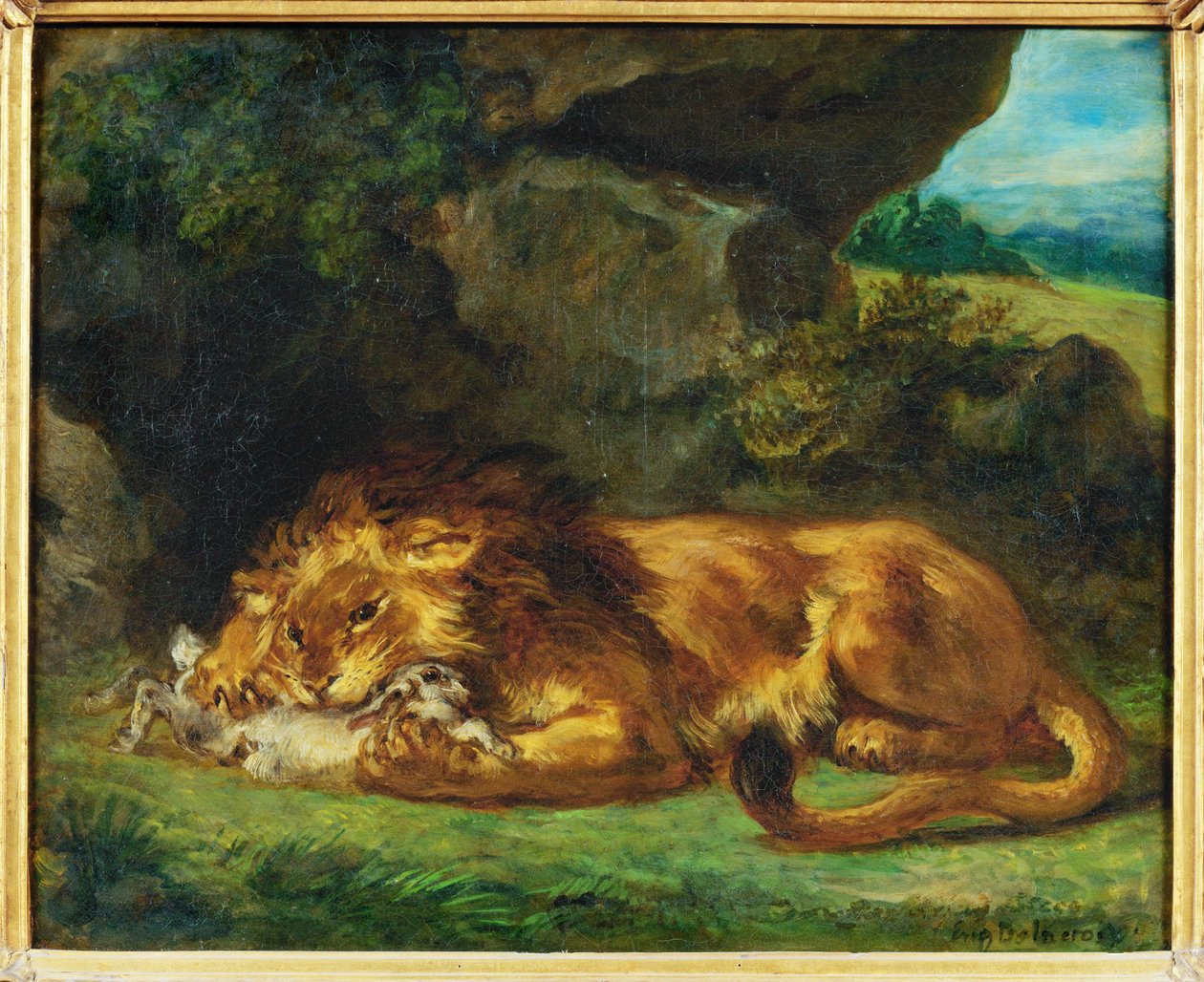 Leeuw verslindt een haas - een leeuw verslindt een haas ... door Ferdinand Victor Eugene Delacroix