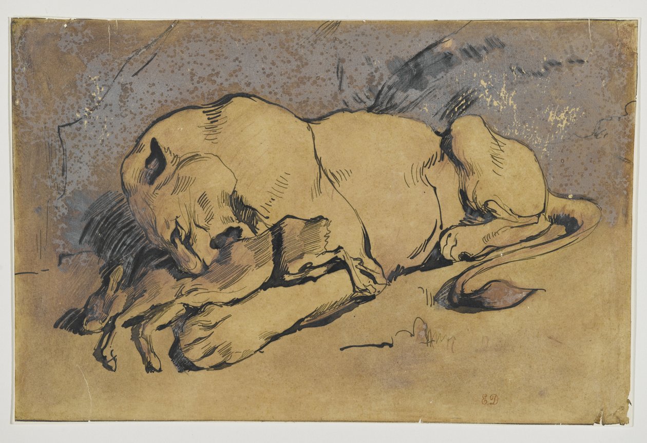 Leeuwin die een konijn verslindt door Ferdinand Victor Eugene Delacroix