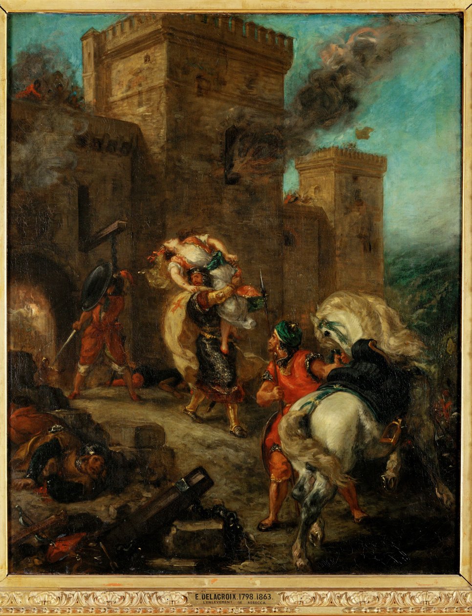 Rebecca ontvoerd door een Tempelier tijdens de plundering van kasteel Frondeboeuf - Rebecca verkracht door een Tempelier tijdens ... door Ferdinand Victor Eugene Delacroix