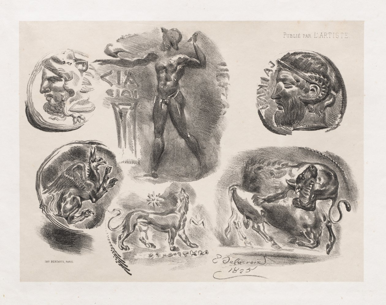 Blad met zes antieke munten, 1825 door Ferdinand Victor Eugene Delacroix