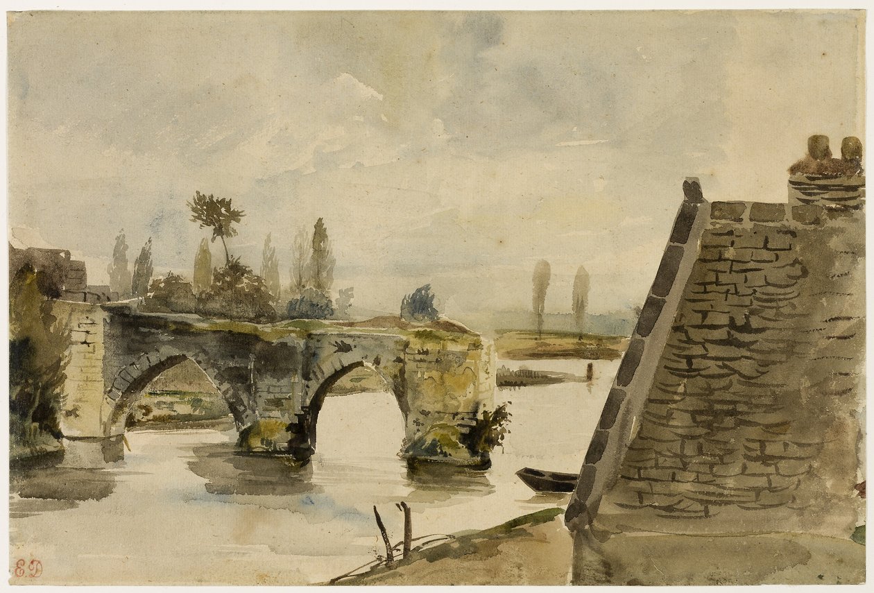 De oude brug bij Nantes, c.1827 (aquarel op crèmekleurig papier) door Ferdinand Victor Eugene Delacroix