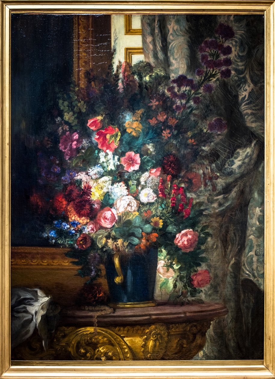 Vaas met bloemen op een console door Ferdinand Victor Eugene Delacroix