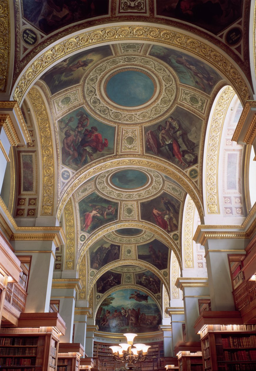 Uitzicht op het cassetteplafond van de Bibliotheek met verguld stucwerk omlijsting van spandrils die bijbelse en klassieke scènes illustreren, 1844 door Ferdinand Victor Eugene Delacroix