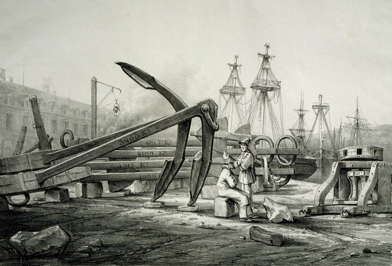 Ankers op scheepswerf, door Ferdinand Perrot, lithografie door Ferdinand Victor Perrot