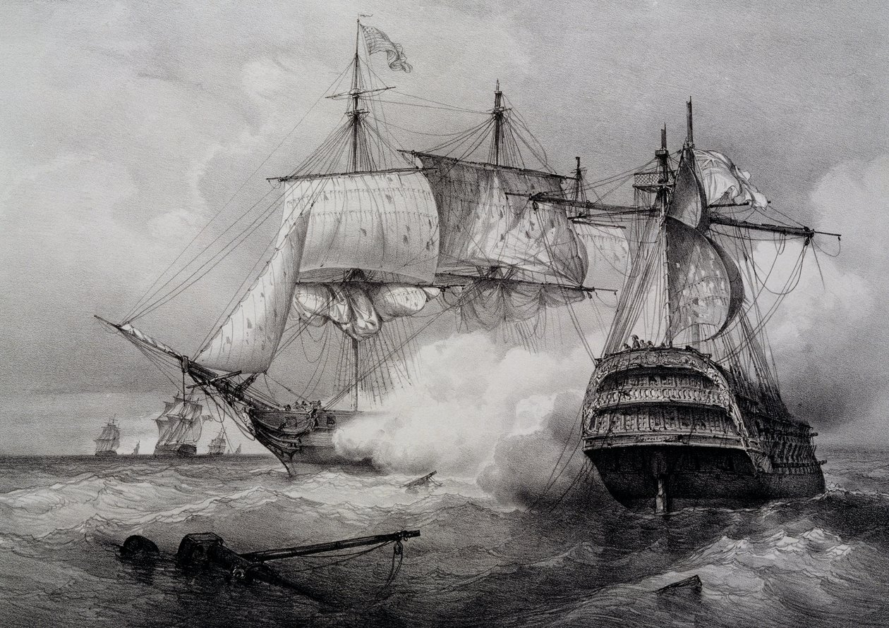 Slag tussen Amerikaans 74-kanonschip en Britse fregat, lithografie door Ferdinand Perrot door Ferdinand Victor Perrot