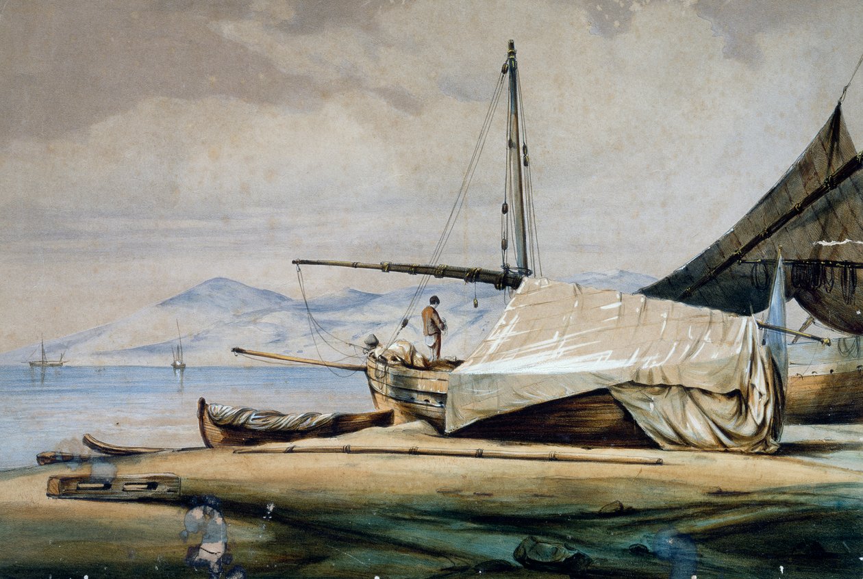 Leudi, Ligurische vissersboot, kleurenlithografie door Ferdinand Perrot door Ferdinand Victor Perrot