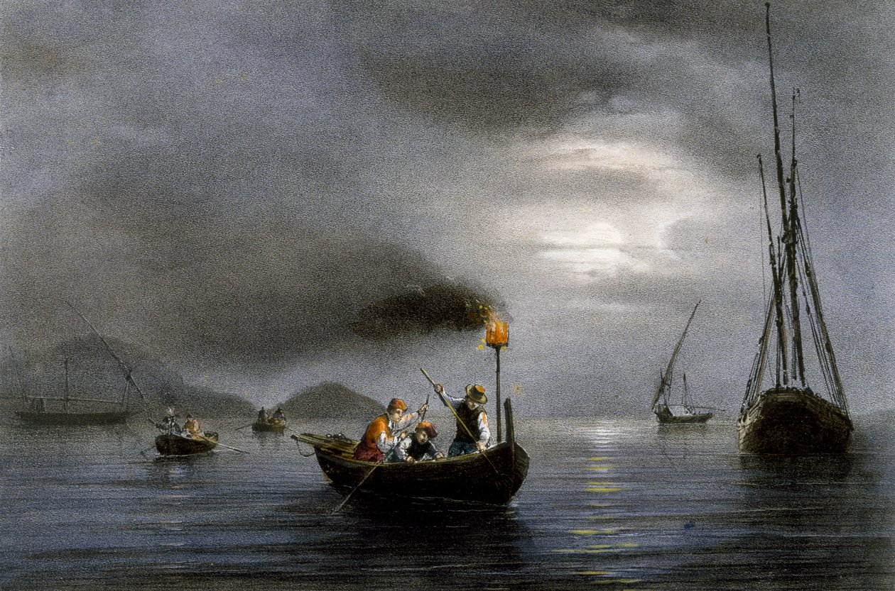 Nachtvissen met vislamp, Kleurenlithografie door Ferdinand Perrot (1808-1841) door Ferdinand Victor Perrot