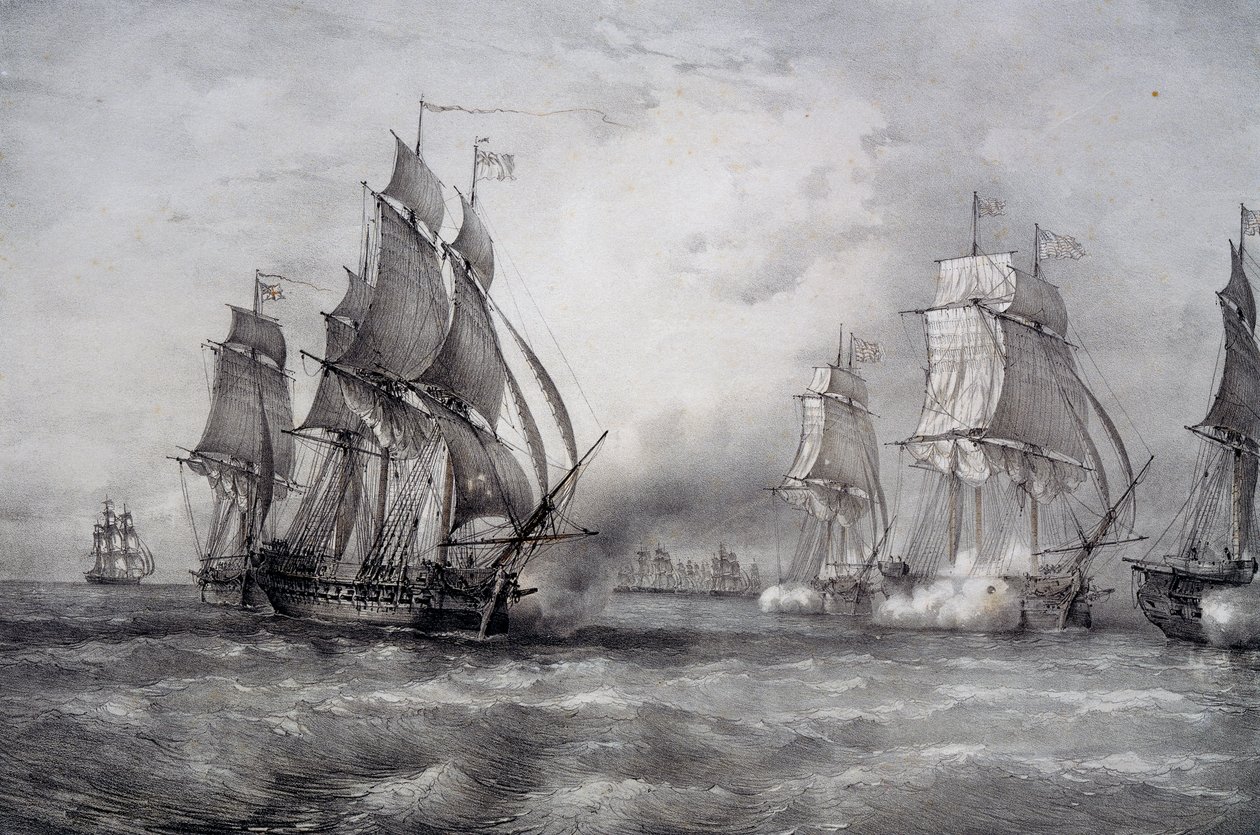 Paul Jones valt Britse vloot aan onder bevel van Pearson en komt aan vanuit de Oostzee door Ferdinand Victor Perrot
