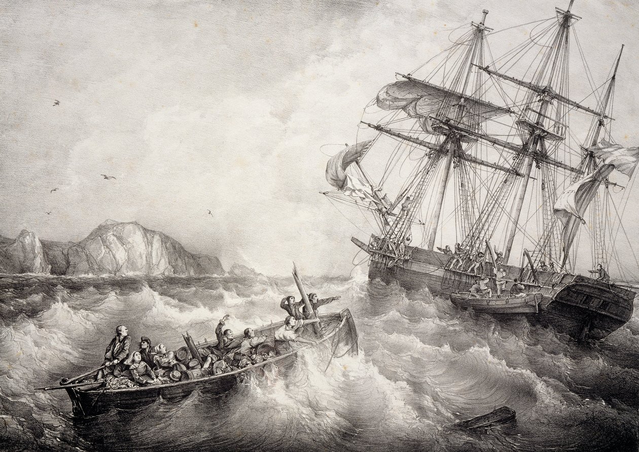Redding van bemanning van Bretonse vissersboot door Zweeds schip Le Neptune, Lithografie door Ferdinand Perrot door Ferdinand Victor Perrot