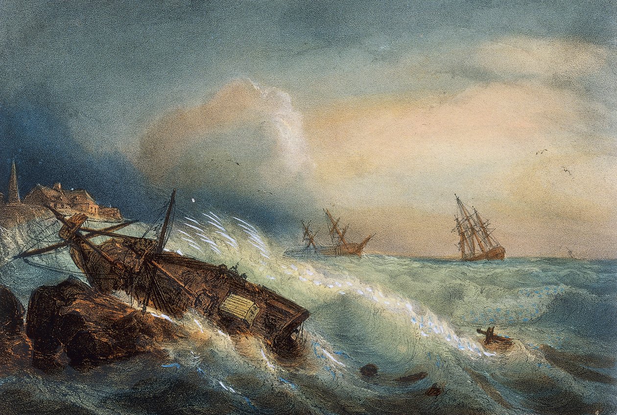Schipbreuk aan de kust van Saint Nazaire, Kleurenlithografie door Ferdinand Perrot, Frankrijk door Ferdinand Victor Perrot