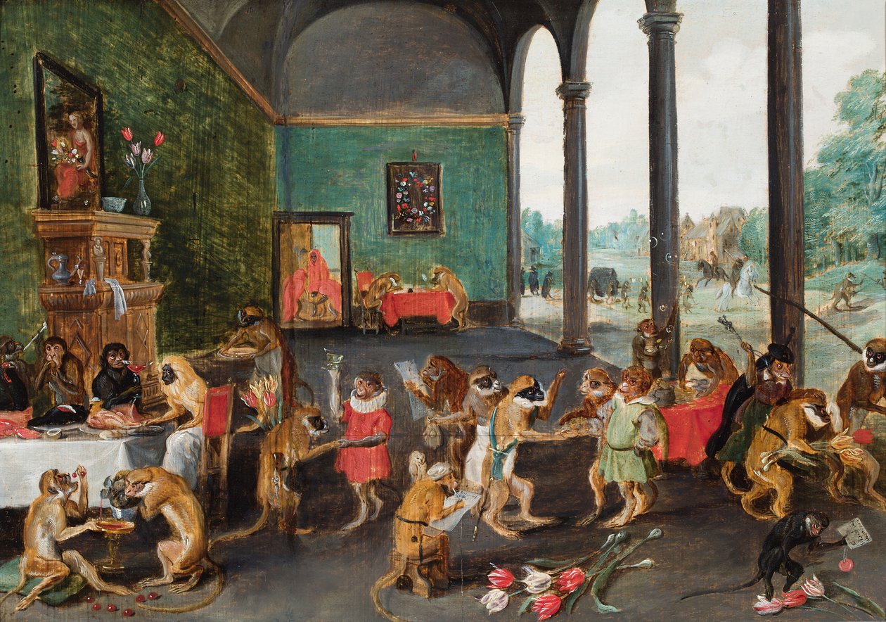 Een apenfeest (olieverf op paneel) door Ferdinand van Kessel