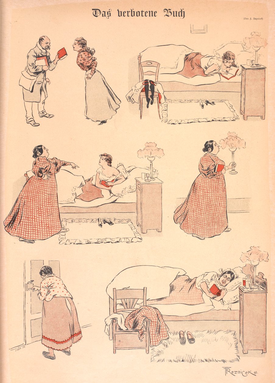 Het verboden boek. Een meisje leest een boek in bed. Het wordt van haar afgenomen door een oudere vrouw, die het vervolgens zelf leest. door Ferdinand von Reznicek