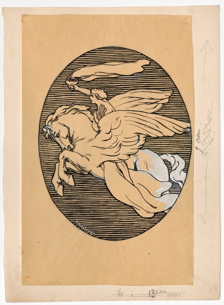 Muse auf Pegasus, Emblem des Theaters "Lutnia" in Wilna door Ferdynand Ruszczyc