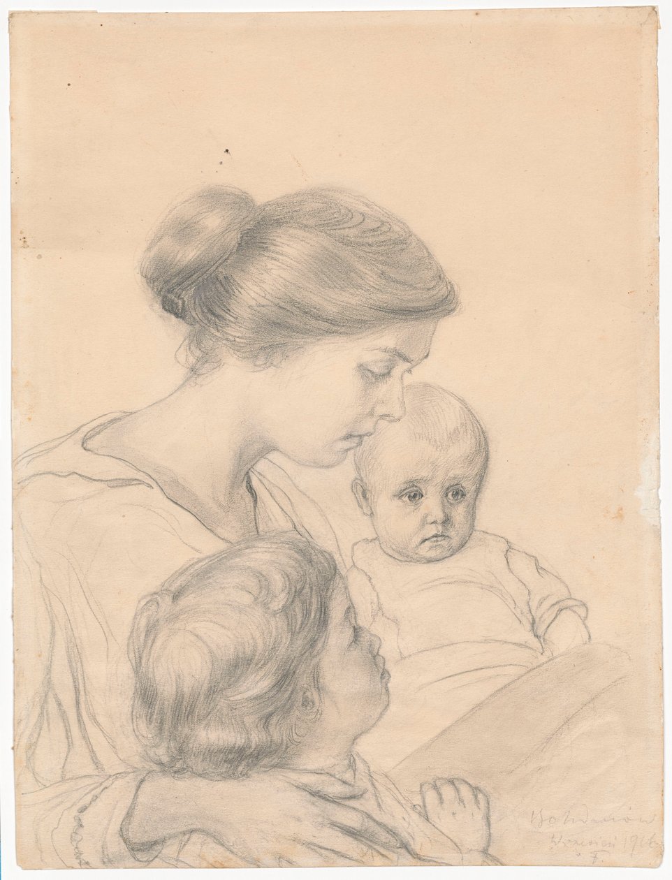 Portret van de echtgenote met kinderen, Janeczka en Edzio door Ferdynand Ruszczyc