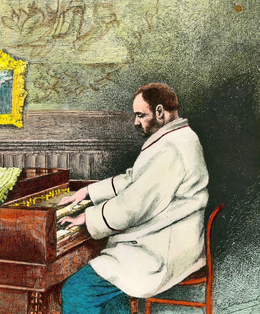 Portret van Emile Zola (1840-1902) die het orgel bespeelt. Gravure door Desmoulin door Fernand Desmoulin